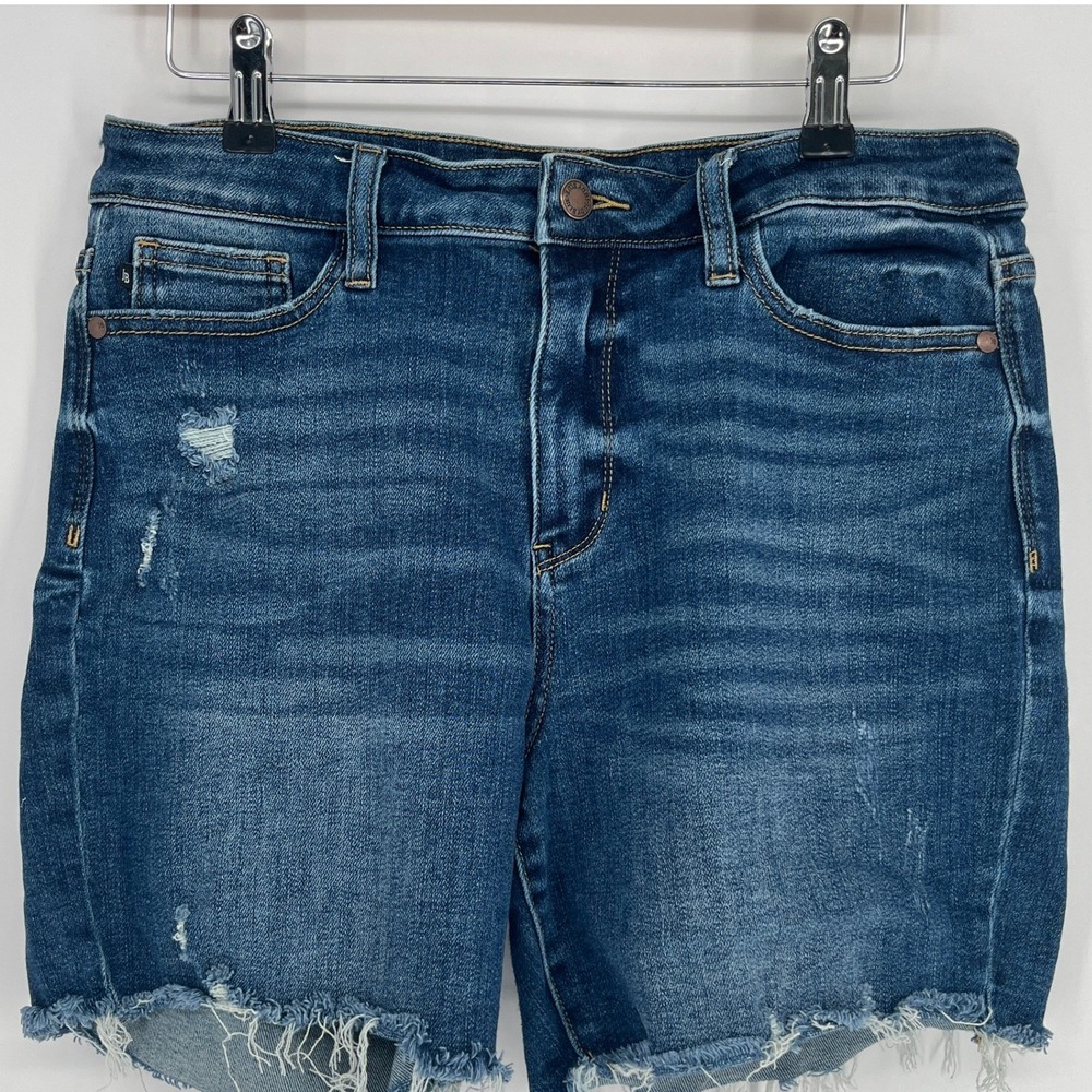 Judy Blue Distressed Denim Shorts L Stretch Raw Hem Mid Rise Festival Summer - Picture 2 of 11